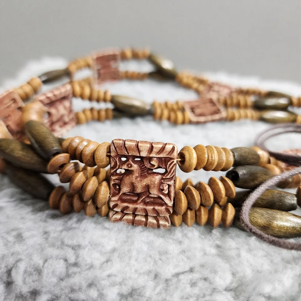 Vintage Wooden Beaded Safari Belt Tie 90s Boho Tribal Zoo Year of the wood horse